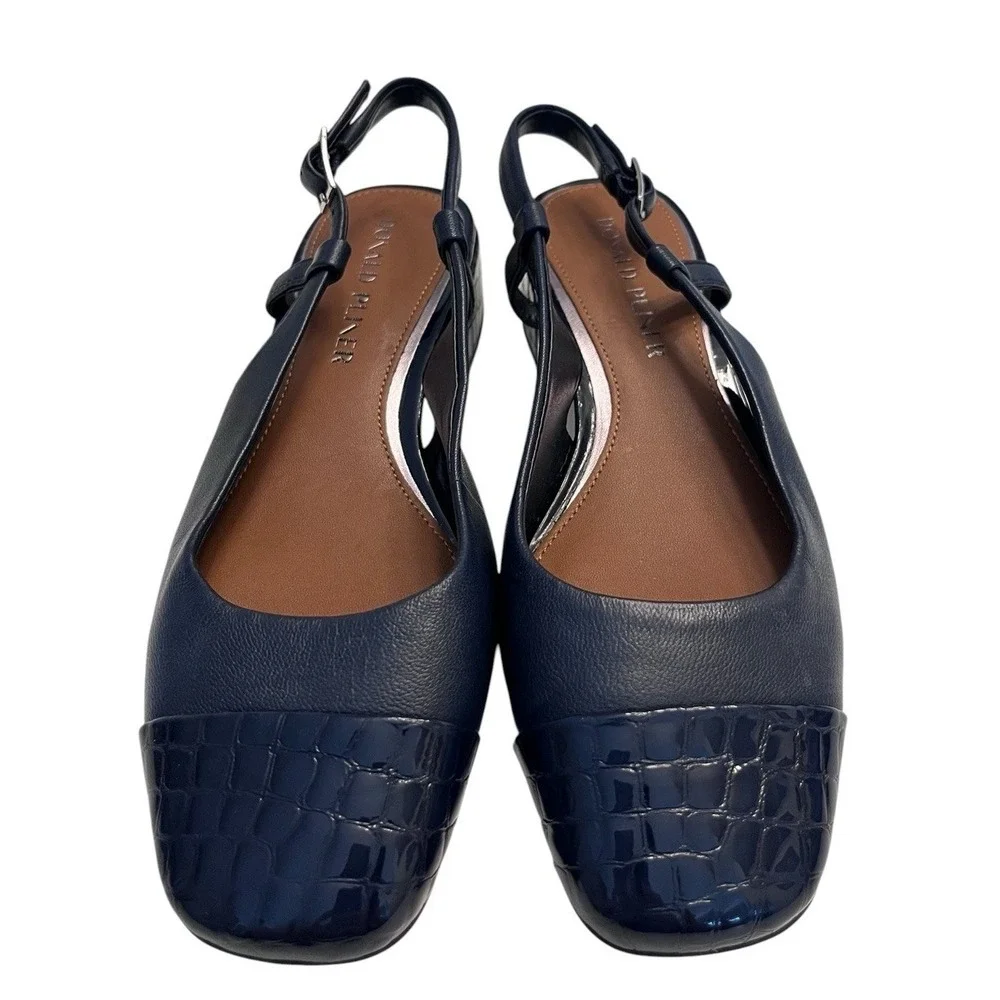 New DONALD PLINER Sz 6M Heels Davina Slingback Navy Blue Croc Embossed Cap Toe